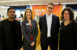 Left to Right: Munesh Raman, Computer Comfort Coordinator; Maria Michayluk, Vancity Burnaby Heights Branch Manager; Chad Leaman, Director of Development; Alexi Thomas, Manager of Communications 