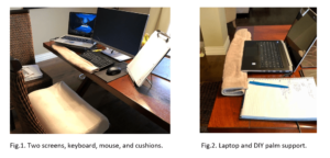 two screens, keyboard, mouse, and cushion