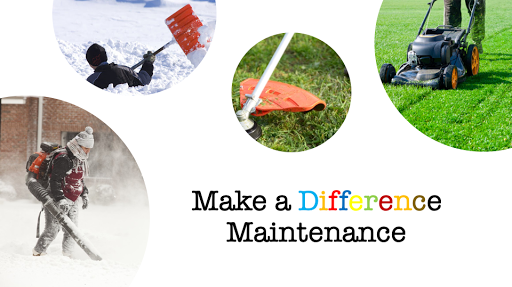 A collage showing some services offered by Make a Difference: snow clearing and removal grass cutting