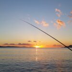 Water body in the background, with the setting sun. A fishing rod in the foreground