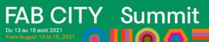 A green background with colourful shapes such as circles,rectangles, and hexagons. Text in white: FAB City Summit