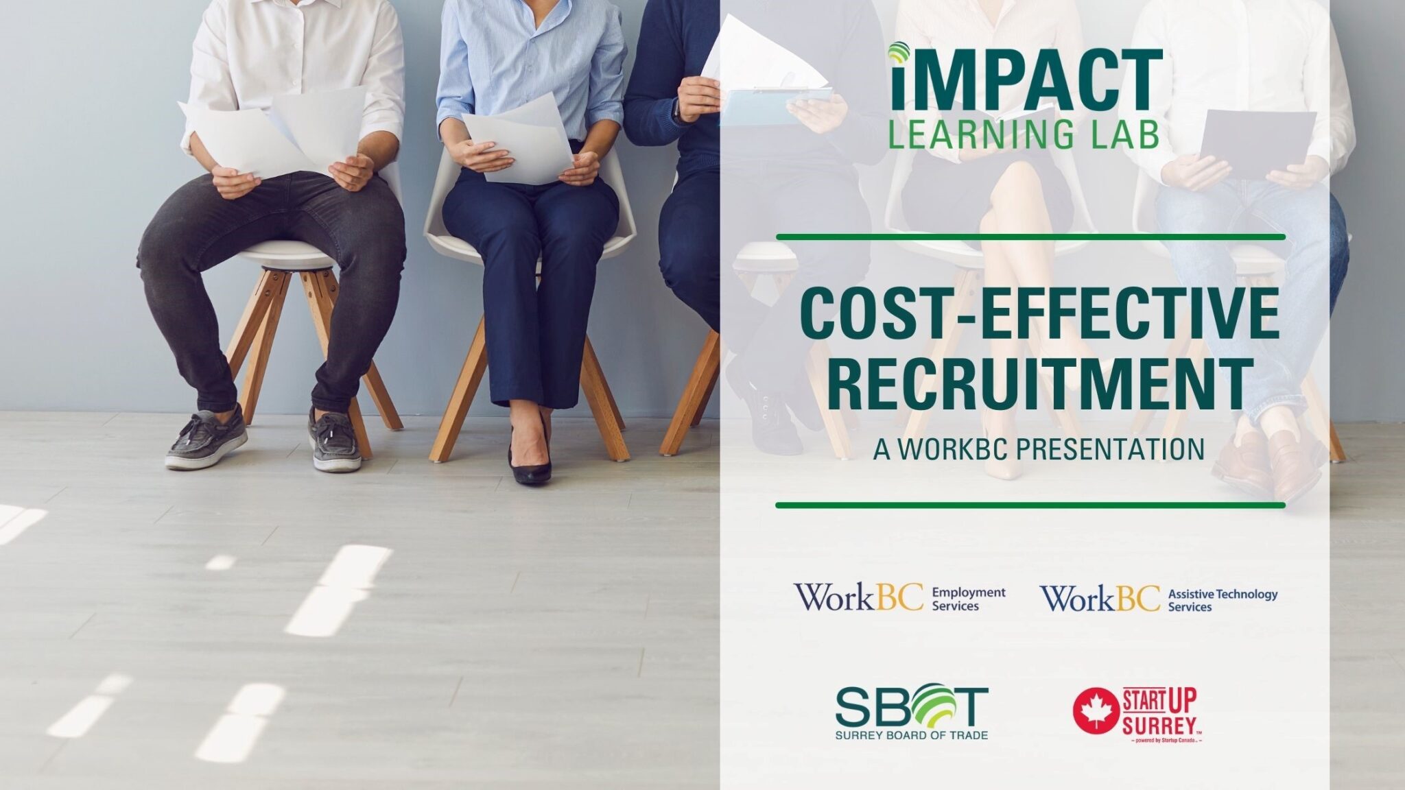 In the background, a group of interview applicants seated next to each other. In the foreground, the event title and logos of WorkBC Employment Services, WorkBC Assistive Technology Services, Surrey Board of Trade, and Start-Up Surrey