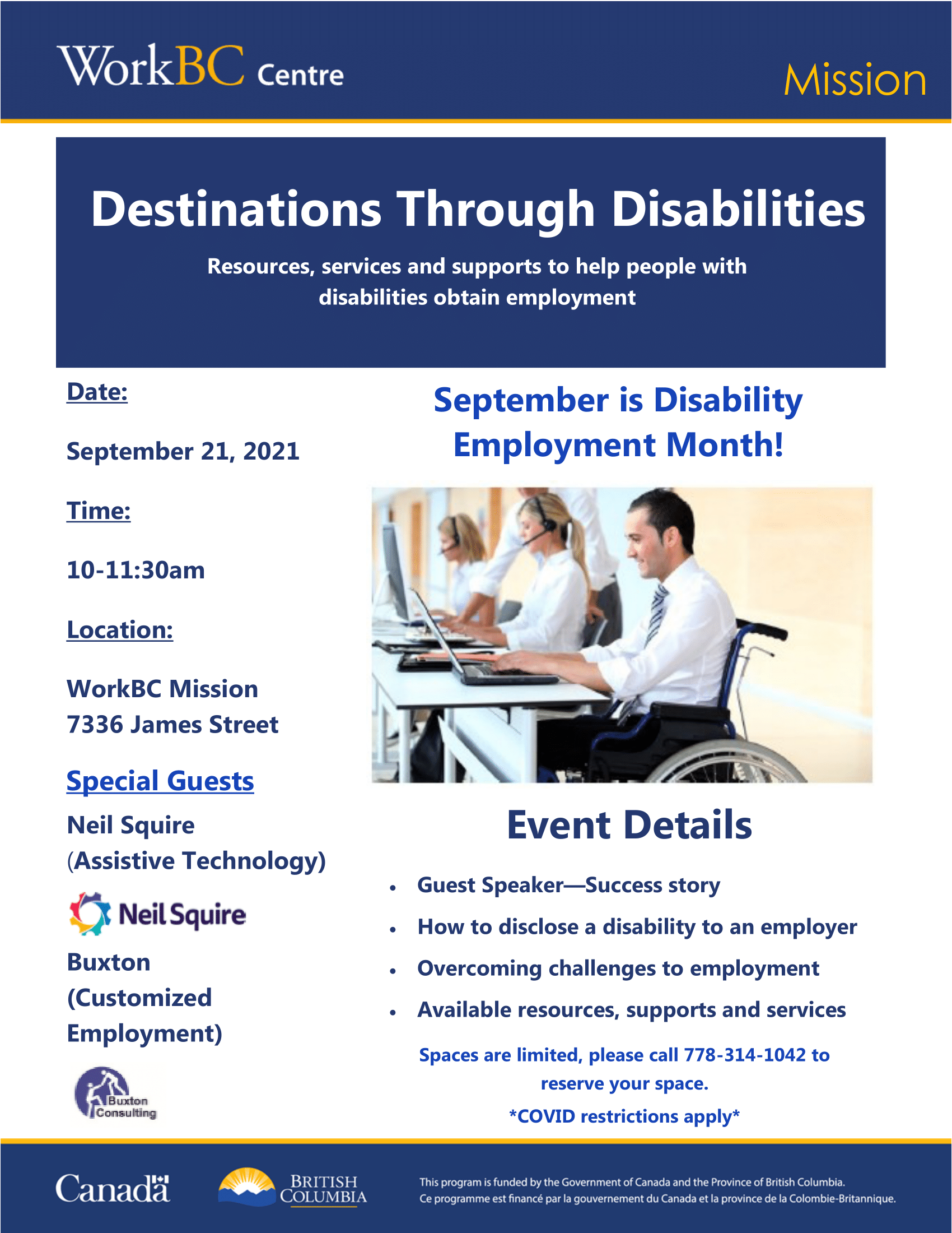 Event poster with image of a man seated in a wheelchair, working on a laptop