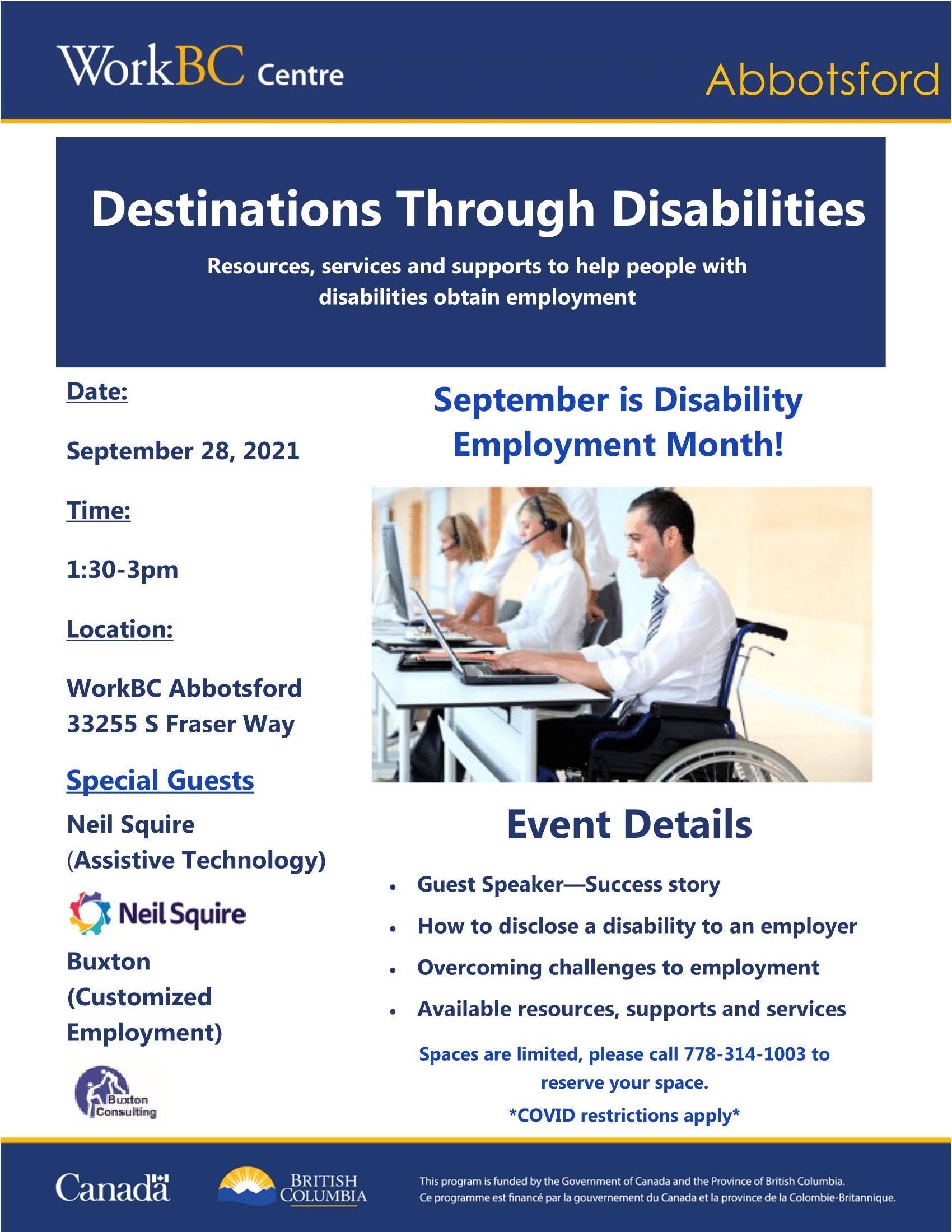 Event poster with image of a man seated in a wheelchair, working on a laptop
