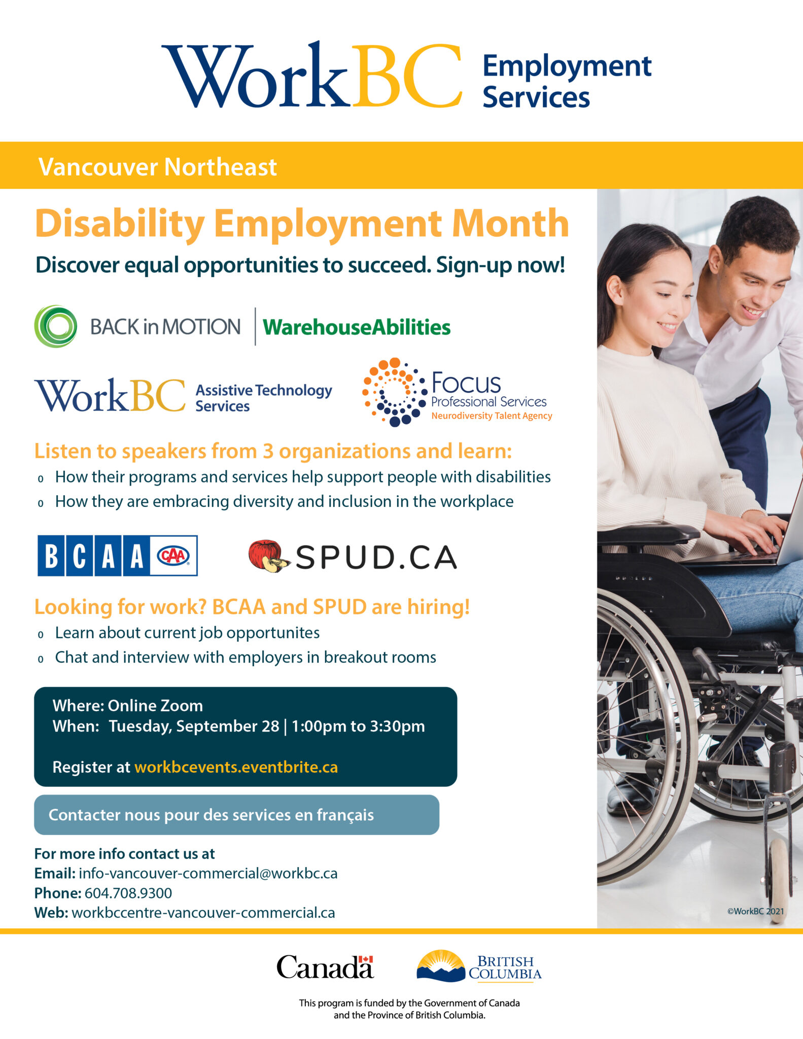 Event poster with image of a woman seated in a wheelchair, working on a laptop, while a man behind behind her looks on