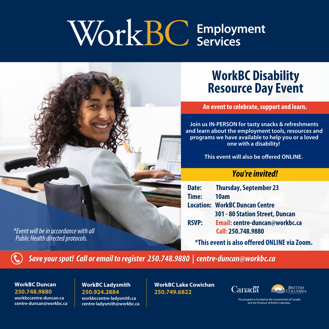 Event poster with woman seated in a wheelchair, smiling. Text including a brief summary, date, time, location, and contact info. Details reproduced in post