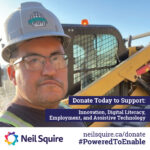 Image: Bluejay wearing a hard hat and work clothes in front of heavy machinery. Text: Donate today to support Innovation, Digital Literacy, Employment, and Assistive Technology.
