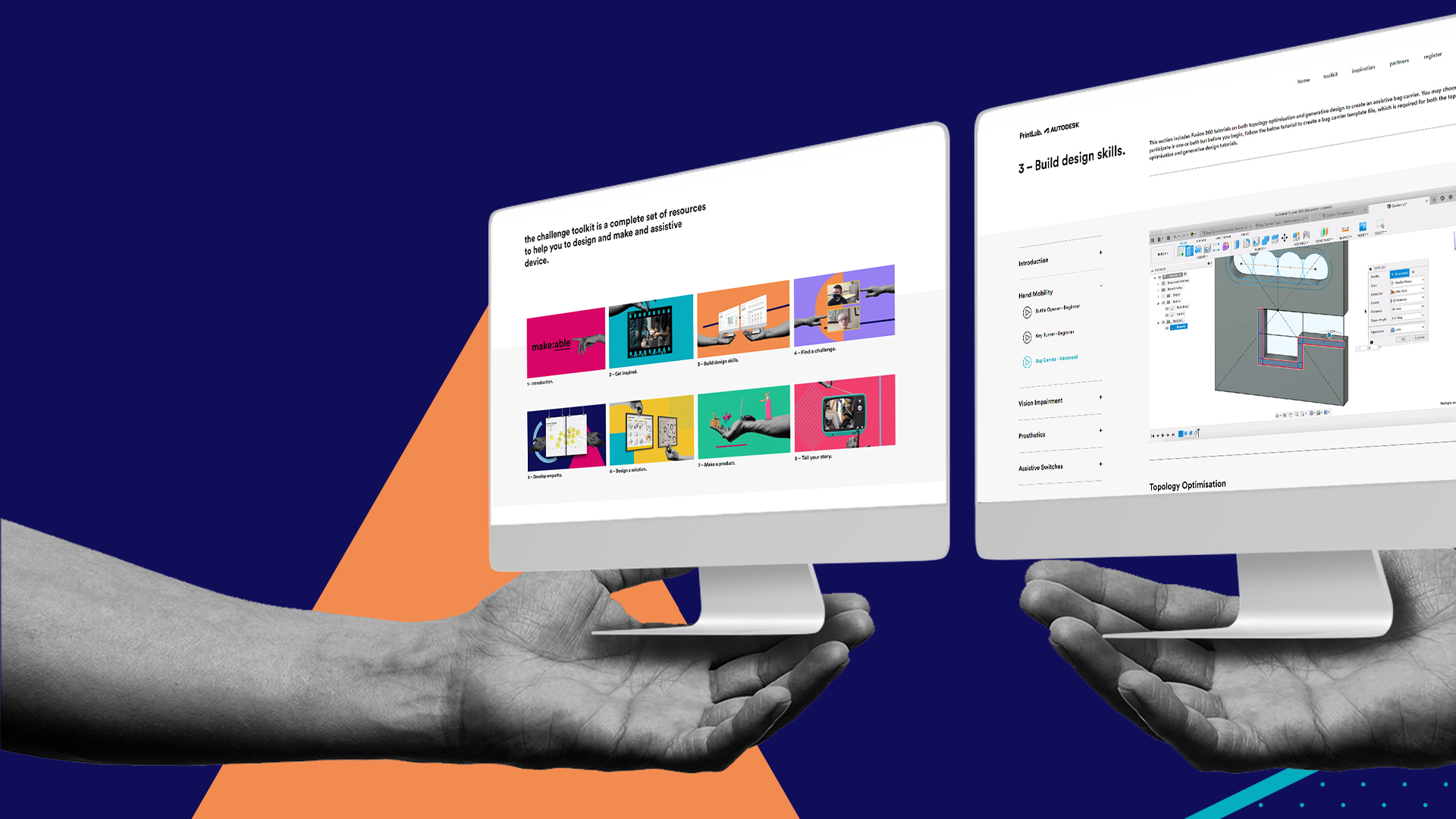 a stylistic image of two hands holding computers showing the Make:able website and a design
