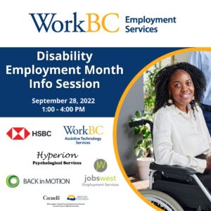a woman in a wheelchair smiles. Logos for participating organizations including HSBC, WorkBC ATS, Hyperion, Back in Motion, and Jobs West