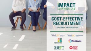 Text: Impact Learning Lab: Cost-Effective Recruitment - a WorkBC Presentation. Logos for WorkBC Employment Services, WorkBC Assistive Technology Services, Options Community Services, Neil Squire, Surrey Board of Trade, Start Up Surrey