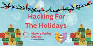 "Hacking for the Holidays" text with Christmas lights and snowflakes on a blue background