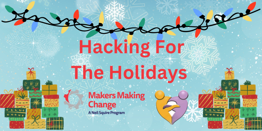 "Hacking for the Holidays" text with Christmas lights and snowflakes on a blue background