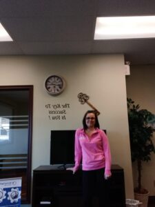 Nadine from our Saint John, New Brunswick office wearing pink