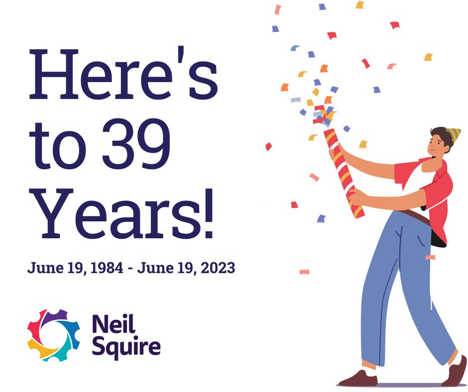A graphic of a person celebrating throwing a tube of confetti, with text saying, "Here's to 39 years! June 19, 1984 - June 19, 2023"
