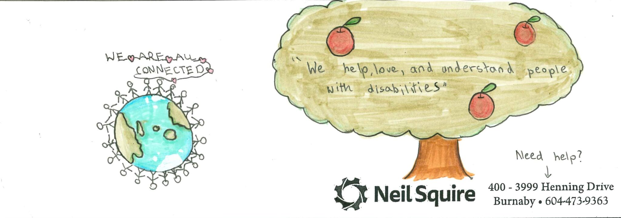 An apple tree with a quote inside, "We help, love, and understand people with disabilities," beside a globe with people standing hand-in-hand, saying "We are all connected."