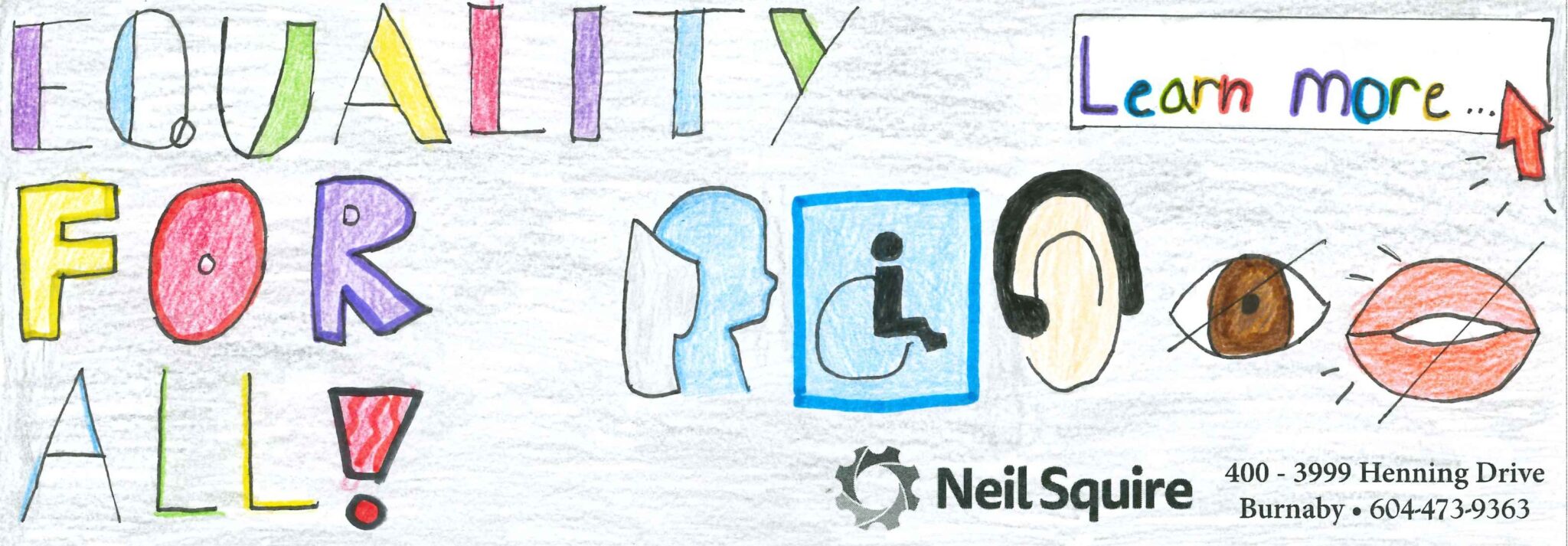 Accessibility symbols. Text: "Equality for all."