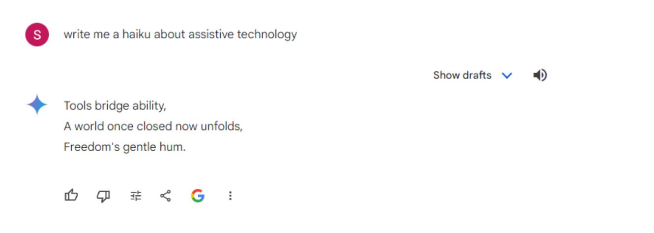 A screenshot of ChatGPT being used to write a haiku about assistive technology.