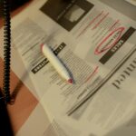 A job seeker uses a phone and circles job ads in the newspaper using a red marker.