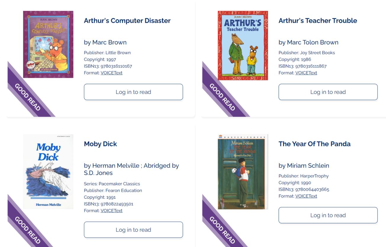 A screenshot of some of the books available through the app, including two Arthur books, Moby Dick, and The Year of the Panda.
