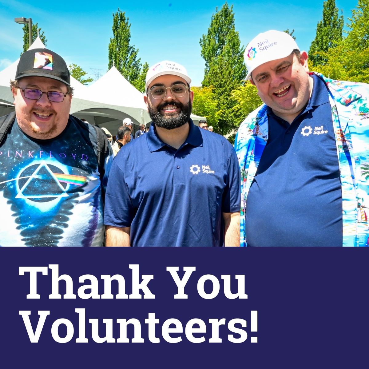 Volunteers Matthew and Harvey and our Distance Training Coordinator Gordon stand outside. Text: Thank You Volunteers!