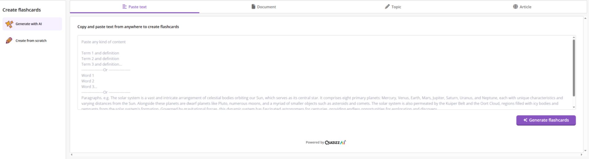 A screenshot of the Quizizz flashcard generator, demonstrating the "generate with AI" and "create from scratch" options 