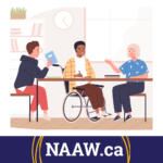a cartoon graphic of three people sitting at a table, one is in a wheelchair. The words NAAW.ca.