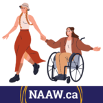 a cartoon graphic of two people walking together, one is in a wheelchair. The words NAAW.ca.