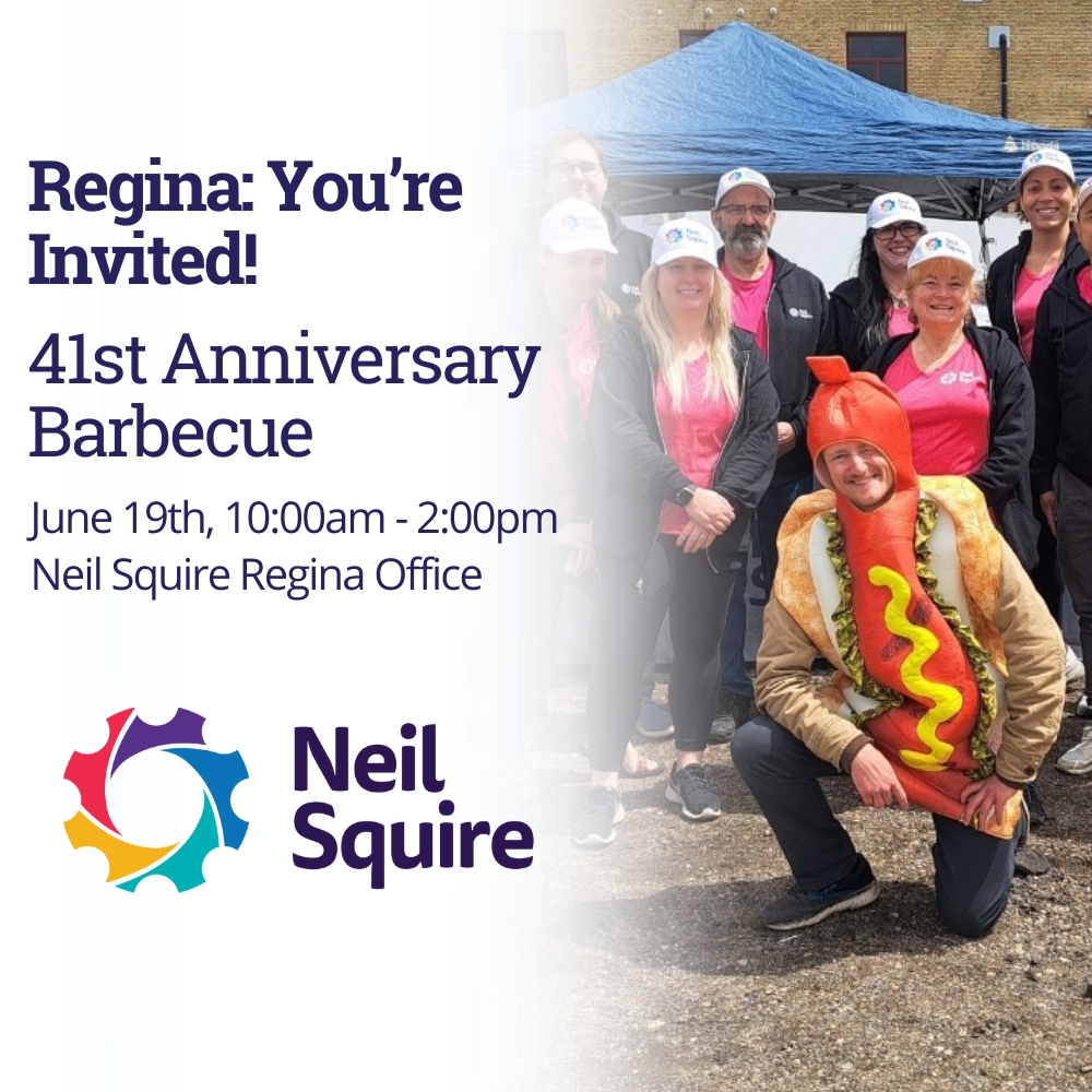 A poster for the Regina Anniversary Barbecue. An image of Neil Squire staff smiling at a previous barbecue, including staff member Parker in a hotdog costume. Text says, "Regina: You're Invited! 41st Anniversary Barbecue. June 19th, 10am - 2pm, Neil Squire Regina Office.