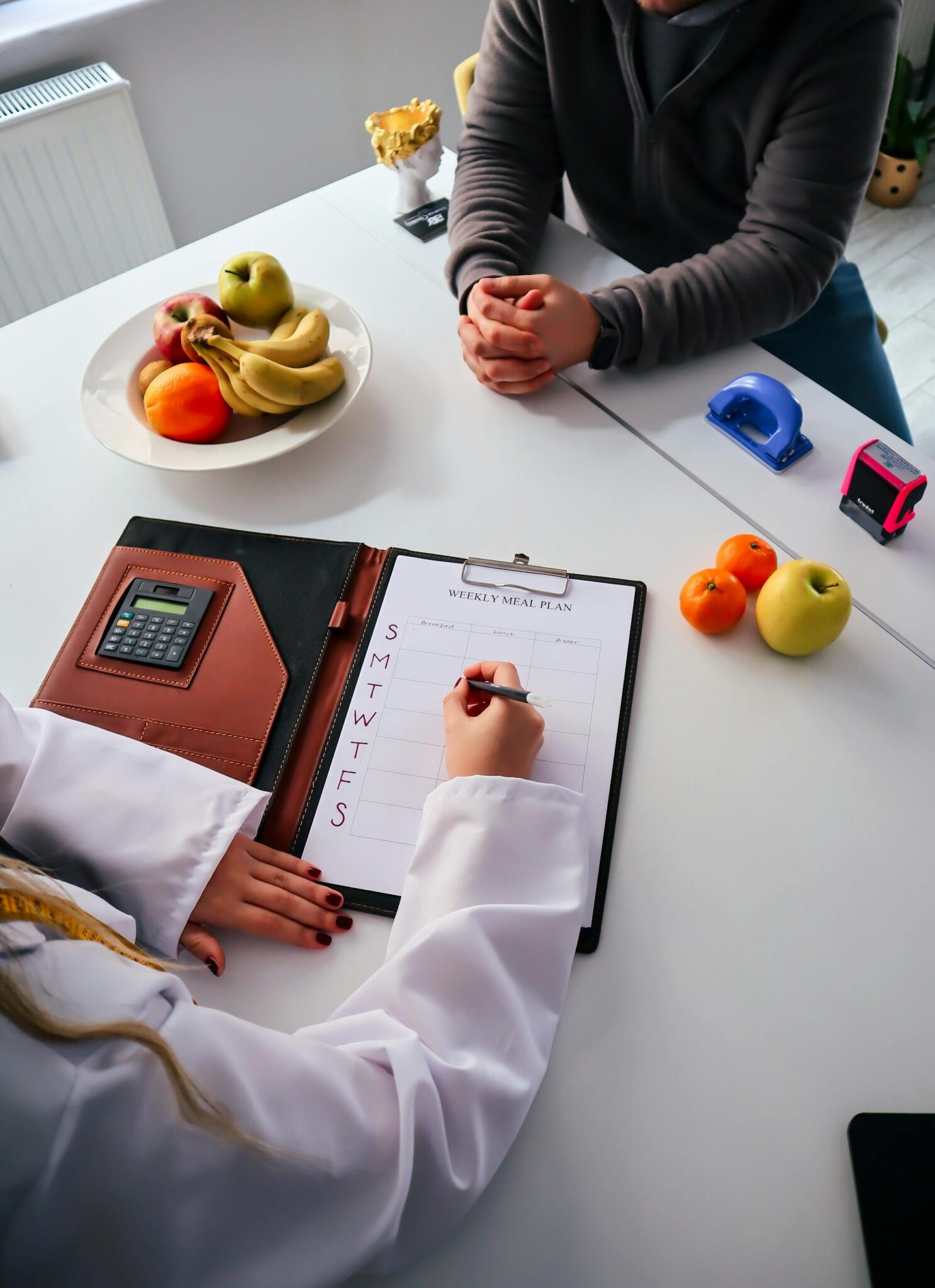 A person in a lab coat goes over a meal plan with a client.