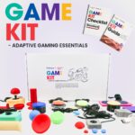 Images of the GAME Kit, featuring joysticks, switches, and the GAME Kit guides. Text: GAME Kit - Adaptive Gaming Essentials.