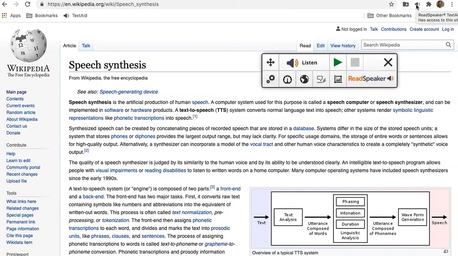 A screenshot of ReadSpeaker being used to read a Wikipedia article on speech synthesis.