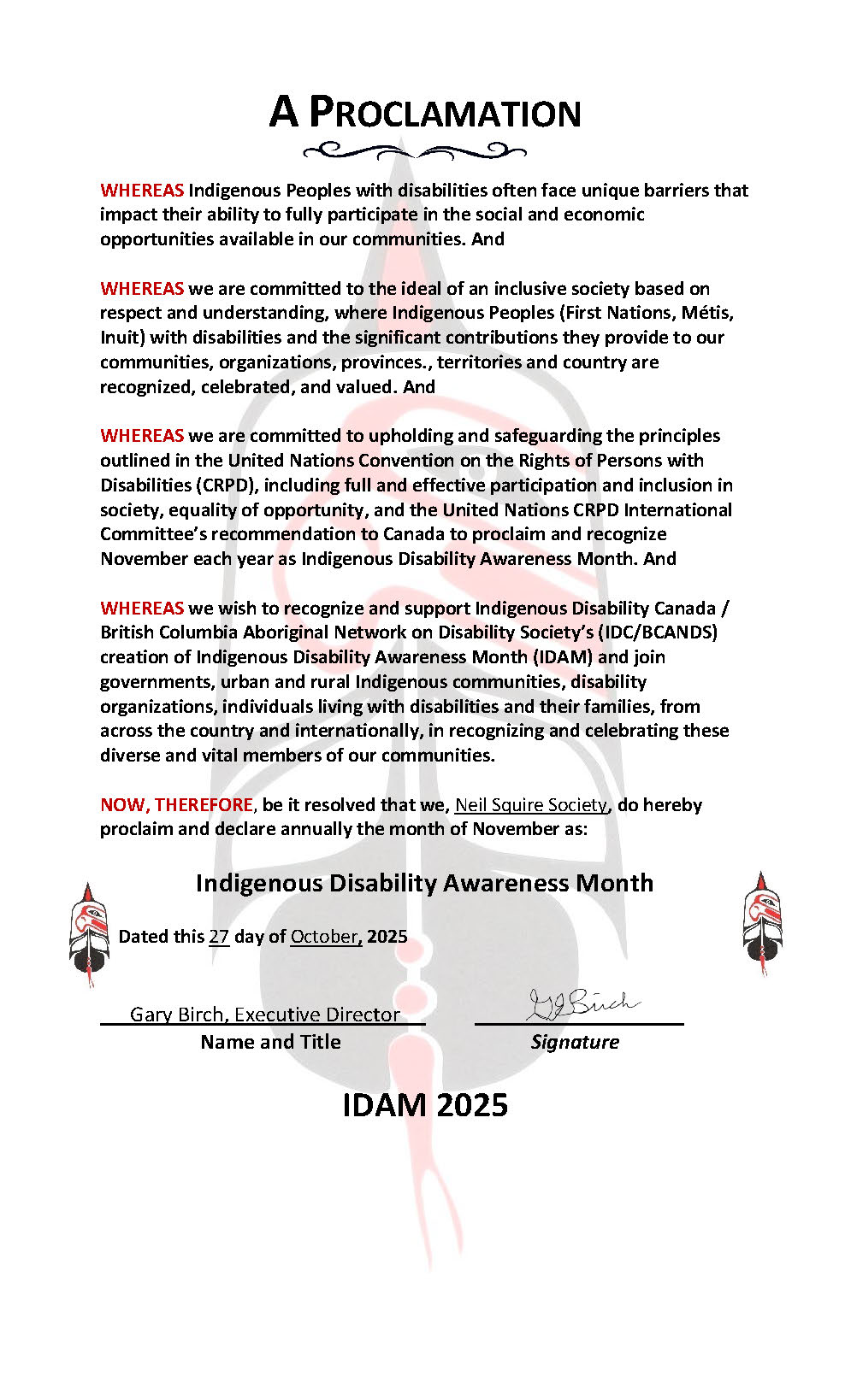 Our IDAM proclamation. Click the image to read the pdf.