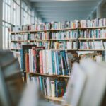 A bookshelf in a library.