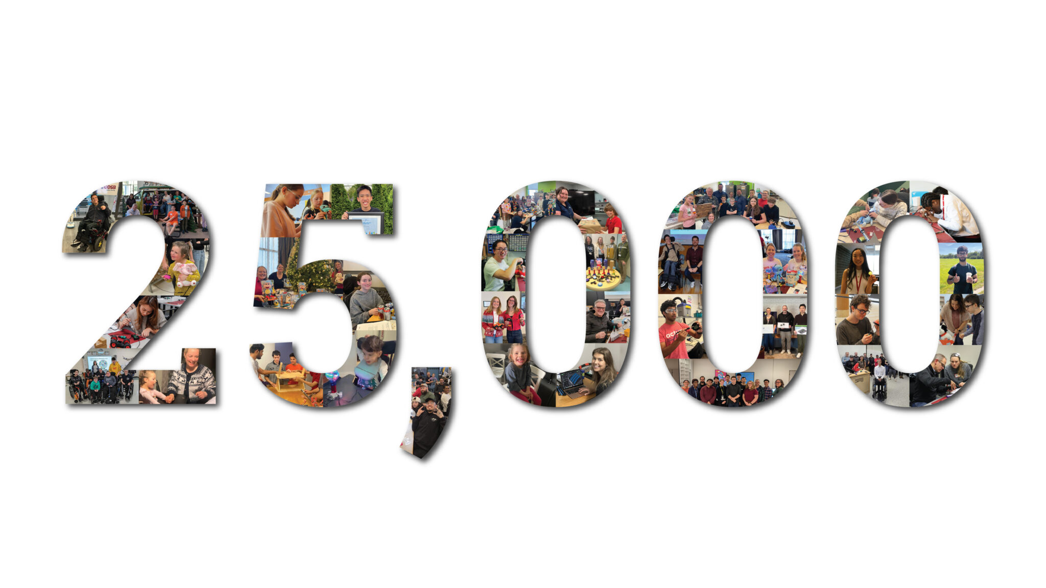 A collage of people who've received devices and our volunteers shaped in the number 25,000.