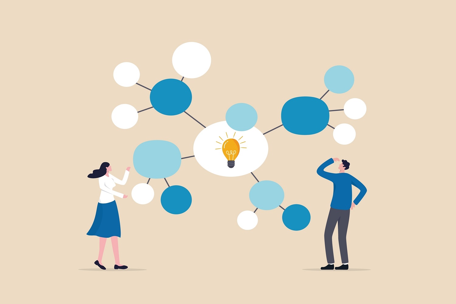 A cartoon graphic of people using a mind map to come up with ideas.